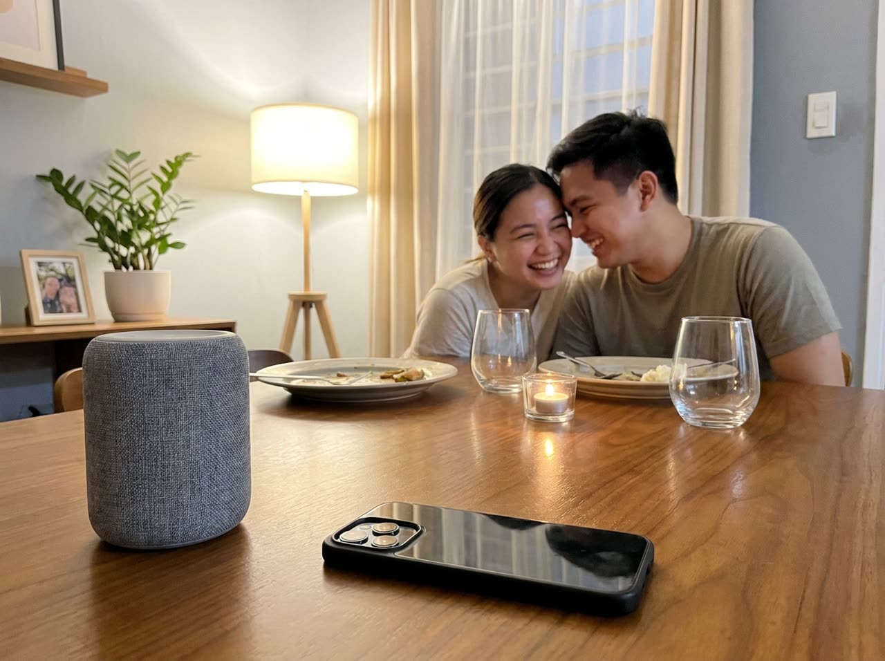 A finished dinner at home with a small Bluetooth speaker and a phone on the table, while a young Filipino couple lean toward each other and laugh as a song plays.
