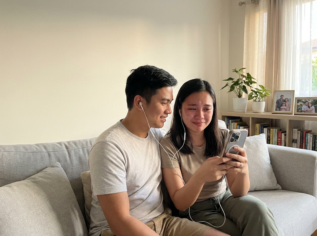 A young Filipino couple sitting together on a sofa at home, sharing one pair of earphones and listening to a song on her phone. She is visibly moved and starting to smile while he watches her reaction.
